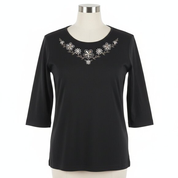 Jaclyn Smith Sport Top L Black Embroidered Floral Modest Elegant Chic Vintage - Picture 1 of 11